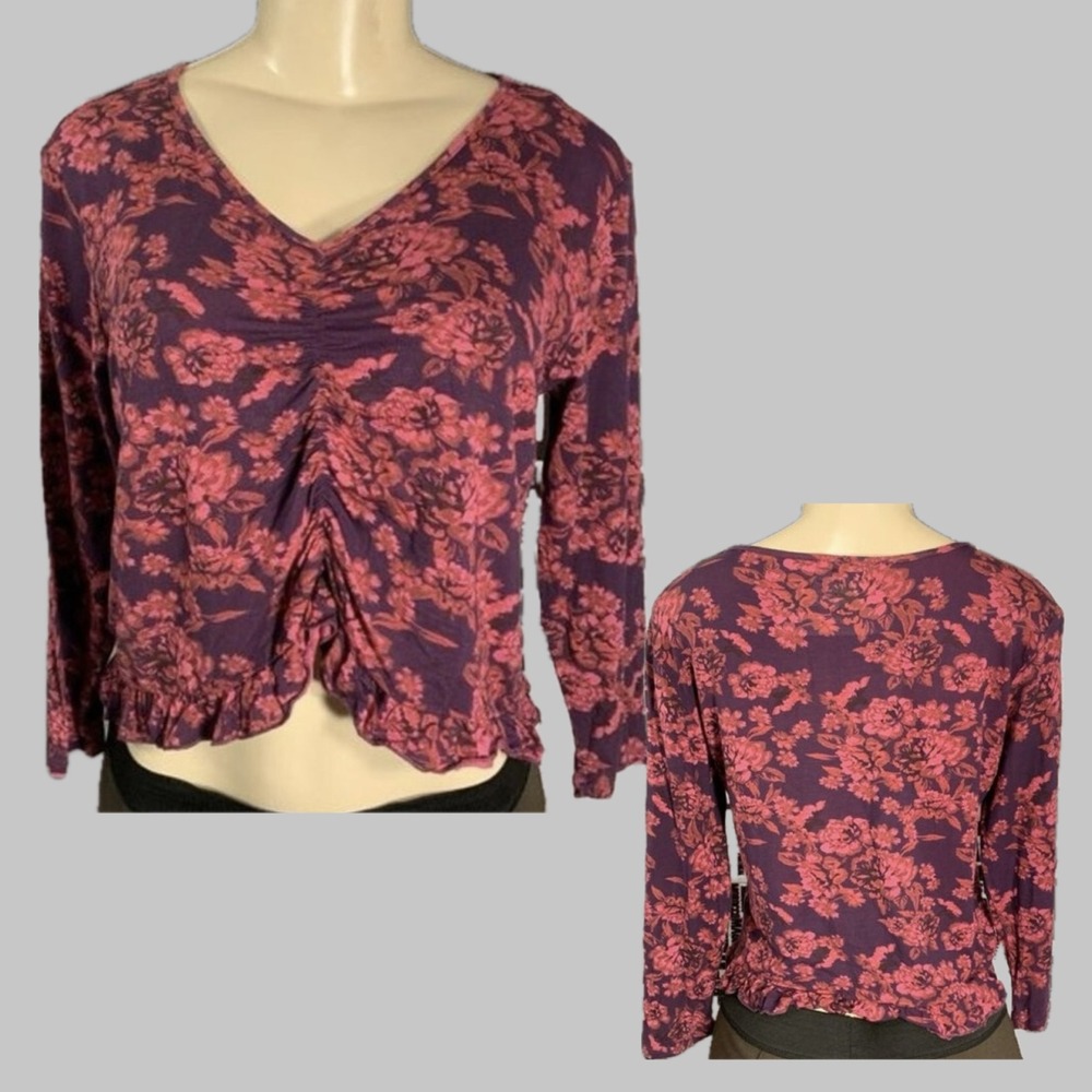 Bongo M Jrs Purple Floral Ruched Hem Ruffle Cropped Top Floral V-Neck 3/4 Sleeve
